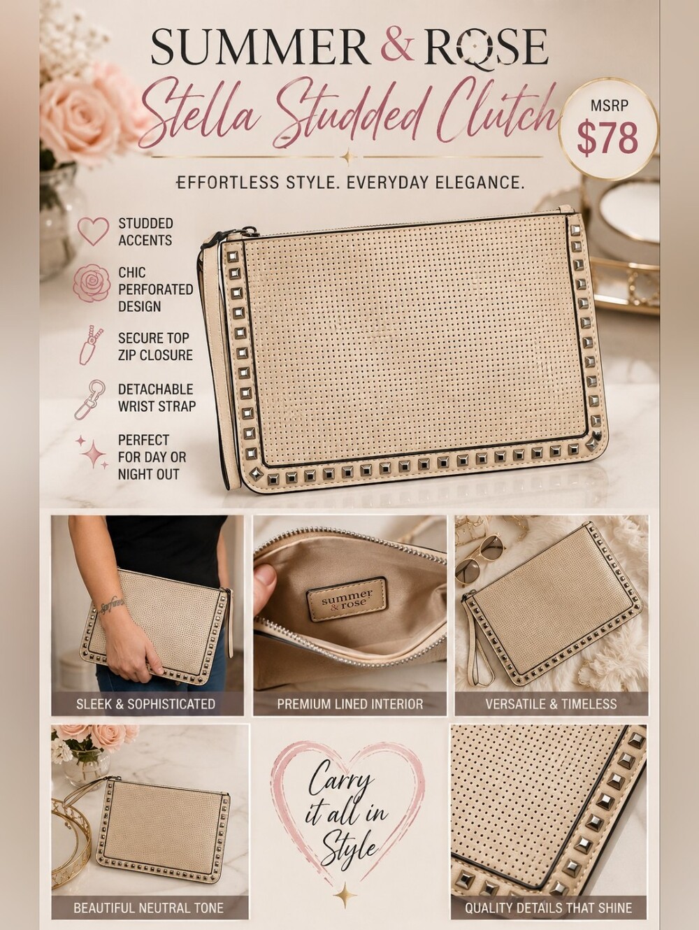 Summer & Rose Stella Studded Clutch - MSRP $78 - Picture 1 of 10